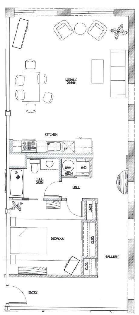 A floor plan of a house with a kitchen, living room, dining room, and bathroom.